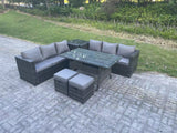Fimous PE Wicker Outdoor Garden Furniture Set Patio Rattan Rectangular Dining Table Lounge Sofa with 2 Small Footstool Side Table 8 Seater Dark Grey Mixed