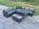 Fimous PE Wicker Outdoor Garden Furniture Set Patio Rattan Rectangular Dining Table Lounge Sofa with 2 Small Footstool Side Table 8 Seater Dark Grey Mixed