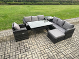 Fimous 8 Seater Rattan Garden Furniture Set Oblong Rectangular Dining Table and Chairs Set with 3 Seater Sofa Big Footstool Side Tables Dark Grey Mixed