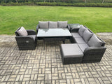 Fimous 8 Seater Rattan Garden Furniture Set Oblong Rectangular Dining Table and Chairs Set with 3 Seater Sofa Big Footstool Side Tables Dark Grey Mixed