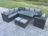 Fimous 9 Seater Outdoor Lounge Sofa Garden Furniture Set Patio Chair Rattan Rectangular Dining Table with Side Table 2 Small Footstool Dark Grey Mixed