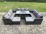 Fimous Outdoor Rattan Furniture Garden Dining Set Gas Fire Pit Table With 2 Side Tables Lounge Sofa 2 Big Footstool