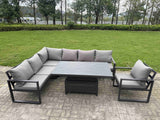 Fimous 6 Pieces Aluminium Garden Furniture Sets with Adjustable Rising Lifting Dining Table 7 Seater Corner Sofa Set Dark Grey