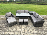 Fimous 10 Seater Outdoor Rattan Garden Furniture Set Oblong Rectangular Dining Table and Chairs Set with 3 Seater Sofa 3PC Footstools Side Table Dark Grey Mixed