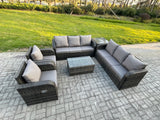 Fimous Rattan Outdoor Garden Furniture Sofa Set Patio Table & Chairs Set with 3 Seater Sofa Reclining Chair Side Table Dark Grey Mixed