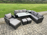 Fimous 10 Seater Outdoor Rattan Garden Furniture Set Oblong Rectangular Dining Table and Chairs Set with 3 Seater Sofa 3PC Footstools Side Table Dark Grey Mixed