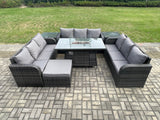 Fimous Rattan Furniture Garden Dining Set Gas Fire Pit Table With 2 Side Tables Lounge Sofa Big Footstool Dark Grey Mixed