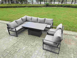 Fimous 7 Pieces Aluminium Garden Furniture Sets with Adjustable Rising Lifting Dining Table Chair 8 Seater Corner Sofa Set Dark Grey