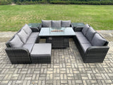 Fimous Rattan Furniture Garden Dining Set Gas Fire Pit Table With 2 Side Tables Lounge Sofa Big Footstool Dark Grey Mixed