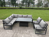 Fimous 7 Pieces Aluminium Garden Furniture Sets with Adjustable Rising Lifting Dining Table Chair 8 Seater Corner Sofa Set Dark Grey