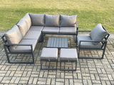 Fimous Outdoor Garden Furniture Set Aluminium Lounge Sofa Square Coffee Table Sets with Chair 2 Small Footstools Indoor Conservatory Set Dark Grey
