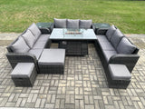 Fimous Outdoor Rattan Furniture Garden Dining Set Gas Fire Pit Table With 2 Side Tables Lounge Sofa 3 Footstool
