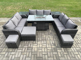 Fimous Outdoor Rattan Furniture Garden Dining Set Gas Fire Pit Table With 2 Side Tables Lounge Sofa 3 Footstool