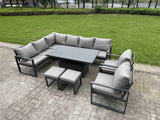 Fimous 9 Pieces Aluminium Garden Furniture Sets with Adjustable Rising Lifting Dining Table,Chair,2 Small Footstools 10 Seater Corner Sofa Set Dark Grey