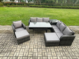 Fimous 9 Seater Outdoor Rattan Garden Furniture Set Oblong Rectangular Dining Table and Chairs Set with 3 Seater Sofa 2 Big Footstool Side Table Dark Grey Mixed