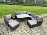 Fimous 9 Seater Outdoor Rattan Garden Furniture Set Oblong Rectangular Dining Table and Chairs Set with 3 Seater Sofa 2 Big Footstool Side Table Dark Grey Mixed