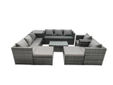 Fimous Rattan Garden Furniture Dining Set 10 seater Patio Coffee Table Sofa Set with 2 Big Stools Side Table Dark Grey Mixed