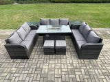 Fimous Outdoor Rattan Furniture Garden Dining Set Gas Fire Pit Table With 2 Side Tables Lounge Sofa 2 Small Footstool