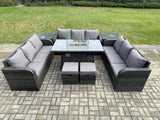 Fimous Outdoor Rattan Furniture Garden Dining Set Gas Fire Pit Table With 2 Side Tables Lounge Sofa 2 Small Footstool