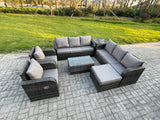 Fimous Rattan Outdoor Garden Furniture Sofa Set Patio Table & Chairs Set with 3 Seater Sofa Reclining Chair Big Footstool Side Table Dark Grey Mixed