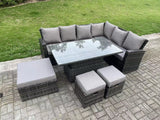 Fimous 9 Seater High Back?Outdoor Rattan Adjustable Rising Lifting Dining Table Corner Sofa Set Garden Furniture Footstools Dark Grey Mixed Right Hand
