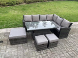 Fimous 9 Seater High Back?Outdoor Rattan Adjustable Rising Lifting Dining Table Corner Sofa Set Garden Furniture Footstools Dark Grey Mixed Right Hand