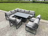 Fimous 8 Pieces Aluminium Garden Furniture Sets with Adjustable Rising Lifting Dining Table,Chair 9 Seater Corner Sofa Set Dark Grey