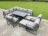 Fimous Aluminium Garden Furniture Sets,11 Seater Outdoor Conversational Dining Set with Adjustable Rising Lifting Dining Table,2 Big Footstools Dark Grey