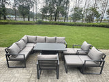 Fimous Aluminium Garden Furniture Sets,11 Seater Outdoor Conversational Dining Set with Adjustable Rising Lifting Dining Table,2 Big Footstools Dark Grey