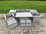 Fimous Rattan Outdoor Garden Funiture Set Height Adjustable Rising Lifting Table Sofa Dining Set with 2 Armchairs 2 Side Tables Footstools