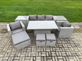 Fimous Rattan Outdoor Garden Funiture Set Height Adjustable Rising Lifting Table Sofa Dining Set with 2 Armchairs 2 Side Tables Footstools
