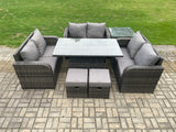 Fimous Rattan Garden Outdoor Furniture 3 PC Love Sofa Set Patio Adjustable Rising lifting Dining Table With Side Table 2 Small Footstools