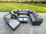 Fimous Rattan Outdoor Garden Furniture Sofa Set Patio Table & Chairs Set with 3 Seater Sofa Reclining Chair 3 Footstools 3 Seater Sofa 2 Side Tables Dark Grey Mixed
