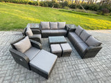 Fimous Rattan Outdoor Garden Furniture Sofa Set Patio Table & Chairs Set with 3 Seater Sofa Reclining Chair 3 Footstools 3 Seater Sofa 2 Side Tables Dark Grey Mixed