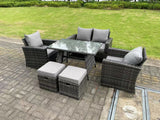 Fimous 6 Seater Outdoor Dark Grey Mixed High Back Rattan Sofa Dining Table Set Garden Furniture 2 Stools