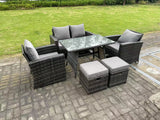 Fimous 6 Seater Outdoor Dark Grey Mixed High Back Rattan Sofa Dining Table Set Garden Furniture 2 Stools