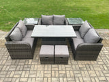 Fimous Rattan Garden Outdoor Furniture 3 PC Love Sofa Set Patio Adjustable Rising lifting Dining Table With 2 Side Tables 2 Small Footstools