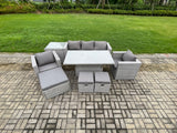 Fimous Outdoor Rattan Garden Funiture Set Height Adjustable Rising Lifting Table Sofa Dining Set with 2 Armchairs Side Table Footstools