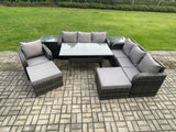 Fimous 9 Seater Outdoor Rattan Garden Furniture Set Oblong Rectangular Dining Table and Chairs Set with 3 Seater Sofa 2 Big Footstool 2 Side Tables Dark Grey Mixed