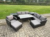 Fimous 9 Seater Outdoor Rattan Garden Furniture Set Oblong Rectangular Dining Table and Chairs Set with 3 Seater Sofa 2 Big Footstool 2 Side Tables Dark Grey Mixed