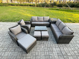 Fimous Rattan Outdoor Garden Furniture Sofa Set Patio Table & Chairs Set with 3 Seater Sofa Reclining Chair 3 Footstools 3 Seater Sofa Side Table Dark Grey Mixed