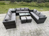 Fimous Outdoor Rattan Garden Furniture Lounge Sofa Set With Oblong Rectagular Coffee Table 2 Stools And Side Table