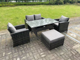 Fimous 5 Seater Outdoor Dark Grey Mixed High Back Rattan Sofa Dining Table Set Love Seat Garden Furniture Big Footstool