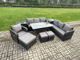Fimous 10 Seater Outdoor Rattan Garden Furniture Set Oblong Rectangular Dining Table and Chairs Set with 3 Seater Sofa 3PC Footstools 2 Side Tables Dark Grey Mixed