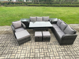 Fimous 10 Seater Outdoor Rattan Garden Furniture Set Oblong Rectangular Dining Table and Chairs Set with 3 Seater Sofa 3PC Footstools 2 Side Tables Dark Grey Mixed