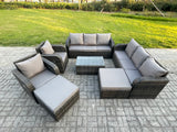 Fimous Wicker PE Rattan Garden Furniture Set 10 Seater Outdoor Lounge Sofa Set with Coffee Table 2 Big Footstool Dark Grey Mixed