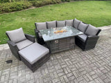 Fimous 8 Seater?Outdoor Rattan Gas Fire Pit Sofa Dining Set Garden Furniture Heater Dining Table Chair Dark Grey Mixed Right Side