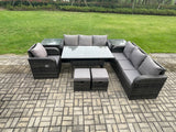 Fimous 9 Seater Outdoor Rattan Garden Furniture Set Oblong Rectangular Dining Table and Chairs Set with 3 Seater Sofa 2 Small Footstools 2 Side Tables Dark Grey Mixed