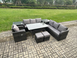 Fimous 9 Seater Outdoor Rattan Garden Furniture Set Oblong Rectangular Dining Table and Chairs Set with 3 Seater Sofa 2 Small Footstools 2 Side Tables Dark Grey Mixed