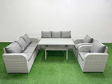 Fimous PE Rattan High Back Lounge Sofa Set Patio Rectangular Dining Table & Chairs Set with 3 Seater Sofa Reclining Chair Side Table Light Grey